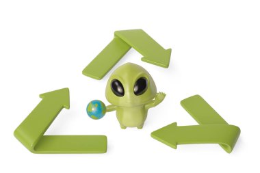 Geri dönüşüm symbol.3d çizim ile bir küçük yeşil canavar