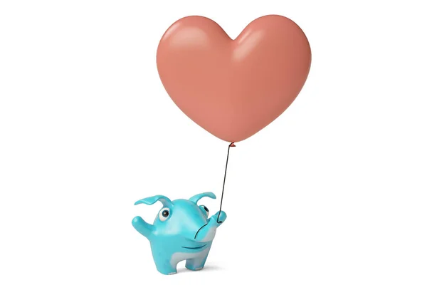 Χαριτωμένο κινούμενα μπλε ελέφαντα και μπαλόνι σε σχήμα καρδιάς, 3d illustrat — Φωτογραφία Αρχείου