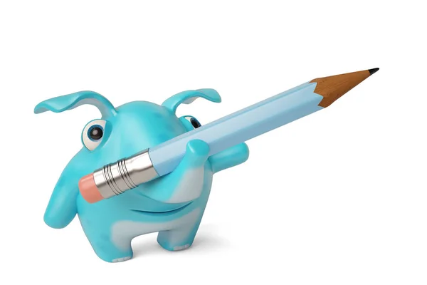 Lindo elefante azul de dibujos animados y lápiz, ilustración 3D . — Foto de Stock