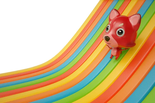 A cartoon firefox down on rainbow slide 3D rendering — Stock Photo, Image