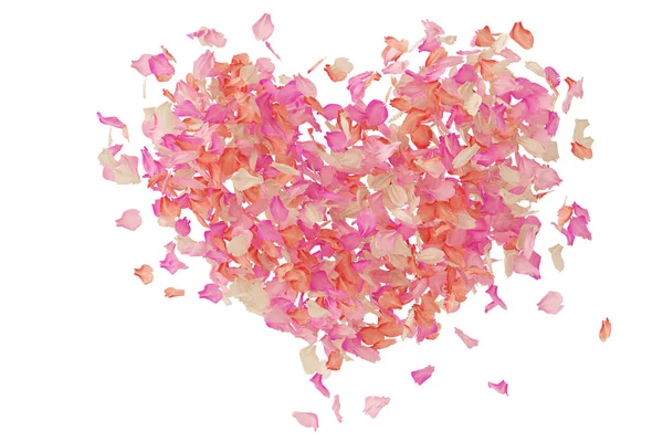 Rosa pétalos de rosa forma de corazón sobre fondo blanco. Ilustración 3D —  Fotos de Stock