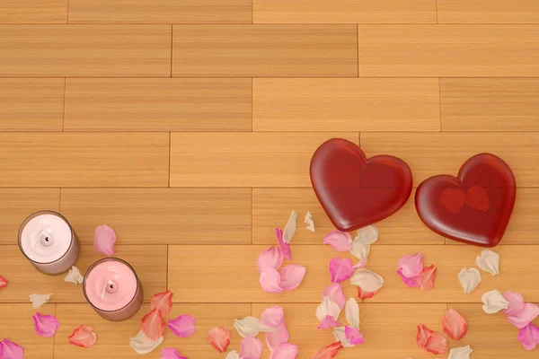 Two red hearts with petals and candles on the floor. 3D illustra — Stock Photo, Image