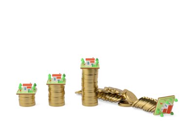 evler ve altın coins.3d illüstrasyon