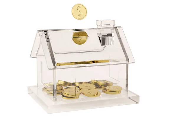 Glazen Huis Vormige Piggy Bank Goud Coins Afbeelding — Stockfoto