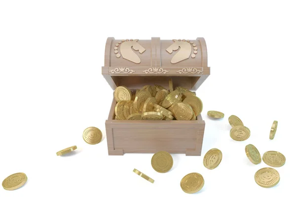 Ξύλινο κουτί με βάση δεδομένων κατακλυσμό και χρυσό νομίσματα — Φωτογραφία Αρχείου