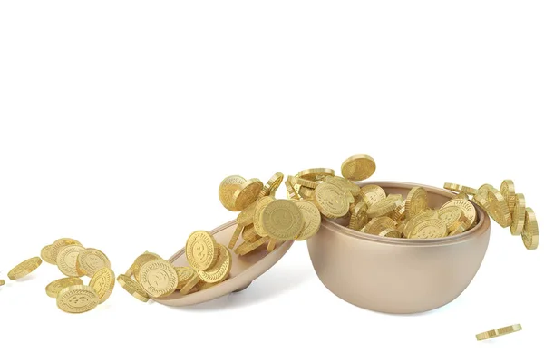 Un recipiente de cobre y monedas de oro — Foto de Stock