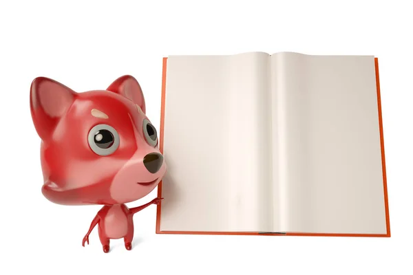 Um firefox de desenhos animados com um livro. Ilustração 3D . — Fotografia de Stock