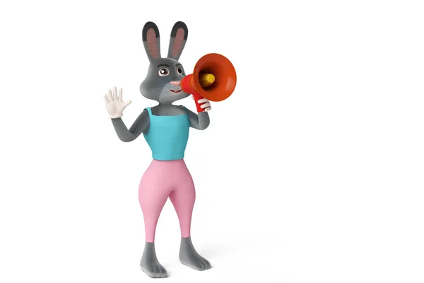 Um coelho dos desenhos animados a segurar um megafone. Ilustração 3D . — Fotografia de Stock