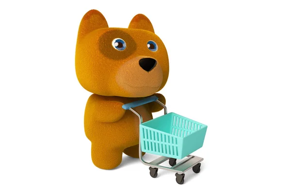 Um filhote de cachorro bonito desenho animado empurrando um carrinho de compras renderização 3D — Fotografia de Stock