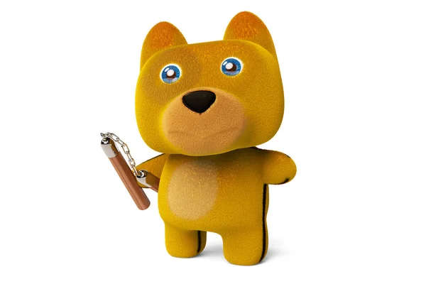 Cachorrinho dos desenhos animados com nunchaku, Kung Fu Dog, renderização 3D . — Fotografia de Stock