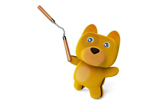 Cachorrinho dos desenhos animados com nunchaku, Kung Fu Dog, renderização 3D . — Fotografia de Stock