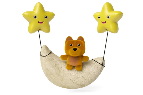 Un cane dei cartoni animati sulle stelle appendere la luna, illustrazione 3D . — Foto Stock