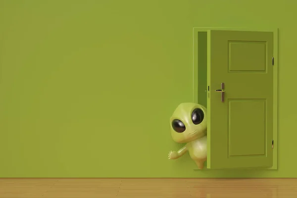 A little green monster at back on the door,3D illustration.