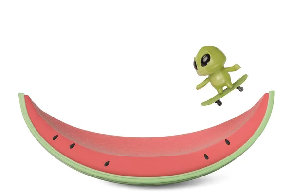 Ein kleines grünes Monster skateboarden auf der wassermelone, 3d illust — Stockfoto