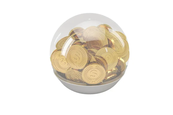 Gouden munten in de kristallen bol — Stockfoto