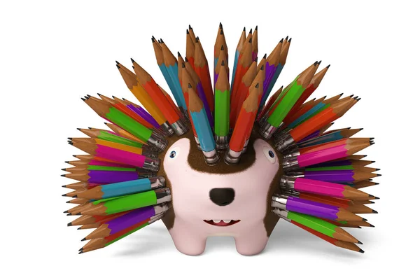 Um ouriço cartoon, lápis na parte de trás., 3D renderização . — Fotografia de Stock