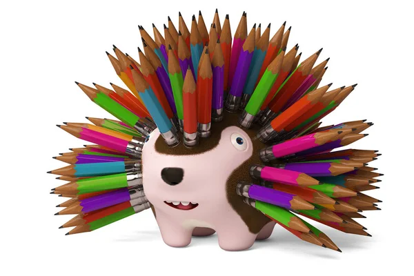 Um ouriço cartoon, lápis na parte de trás., 3D renderização . — Fotografia de Stock