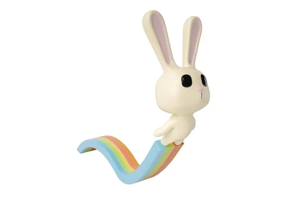 Sebuah kartun kelinci melompat di pelangi, ilustrasi 3D . — Stok Foto