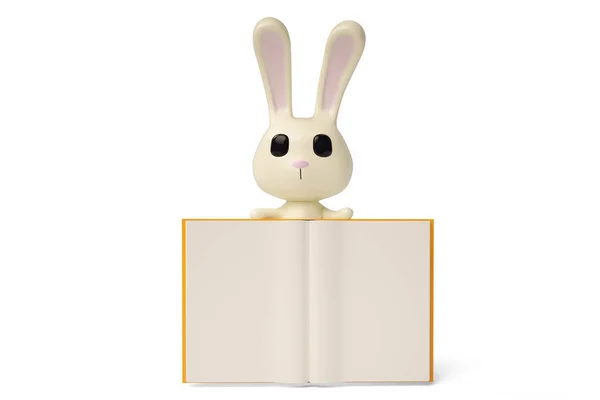 Biały królik z książek, 3d ilustracja kreskówka. — Zdjęcie stockowe