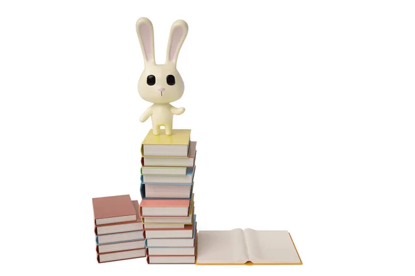 Cartone animato coniglio bianco con libri, illustrazione 3D . — Foto Stock