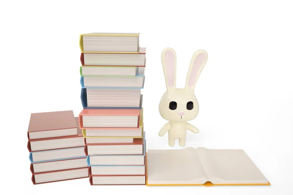 Cartone animato coniglio bianco con libri, illustrazione 3D . — Foto Stock