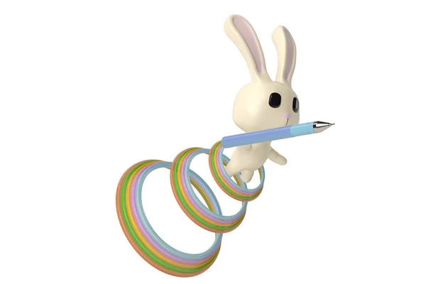 Sebuah kartun kelinci dengan pena, ilustrasi 3D . — Stok Foto