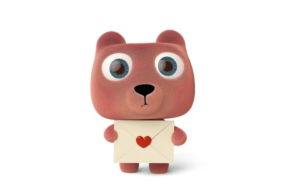 Um urso pequeno bonito abraçando uma carta de amor, renderização 3D . — Fotografia de Stock