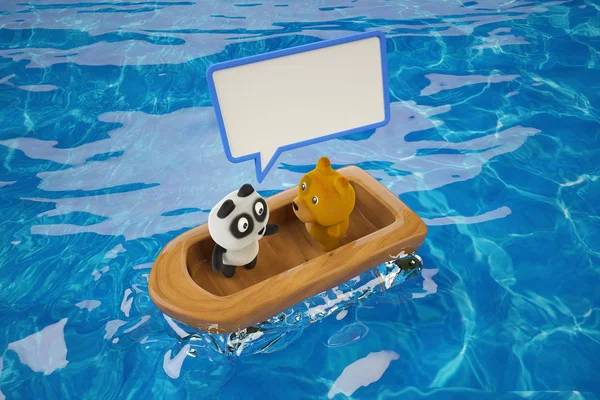 Ένα panda με έναs σκύλοs σε μια ξύλινη βάρκα, μέρος 2. 3D rendering. — Φωτογραφία Αρχείου