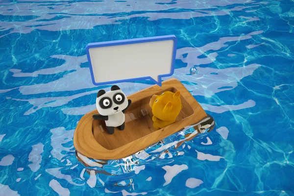 Un panda avec un chien dans un bateau en bois, partie 3. rendu 3D . — Photo