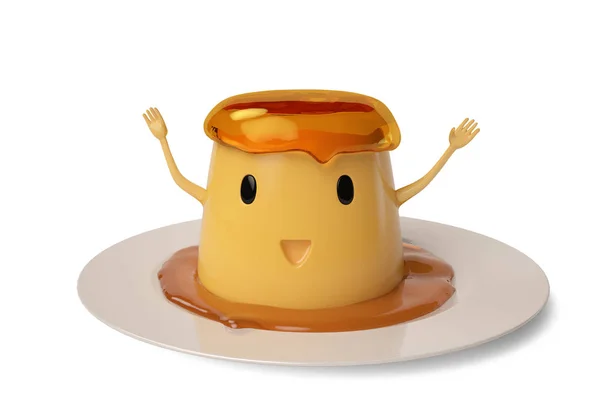 Милый мультяшный яичный пудинг на тарелке. 3D иллюстрация . — стоковое фото
