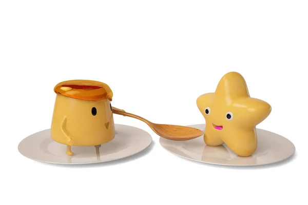 Budino di cartone animato con un cucchiaio di legno sul piatto. Illustrazione 3D — Foto Stock