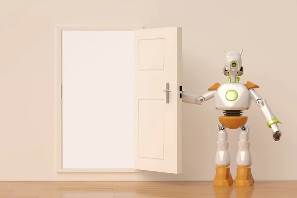 Ένα ρομπότ να ανοίξετε την πόρτα, 3d απεικόνιση. — Φωτογραφία Αρχείου
