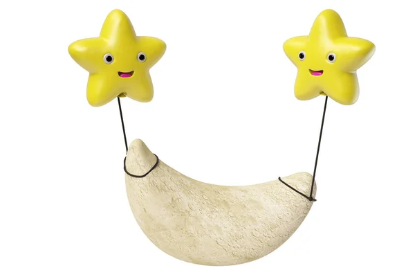 Two stars balloons hanging on the moon ,3D illustration. — Stock Photo, Image