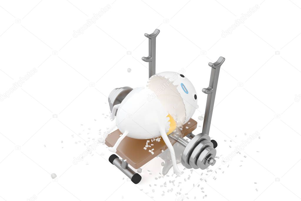 A cartoon egg has an accident when lifting weights,3D illustrati