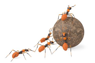 Karınca ekip çalışması işbirliği ve taş ball.3d illüstrasyon.