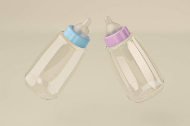 İki bebek şişeleri üzerinde krem arka planını renklendirin. 3D çizim