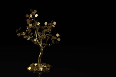 Siyah background.3d illüstrasyon altın ağaç.