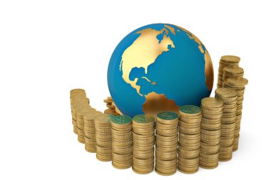 Altın coins.3d illüstrasyon yığını ile Altın Küre.