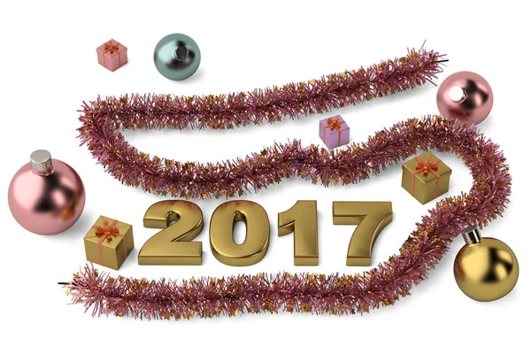 Kerst bal- en schenkingsrechten met goud 2017 woord op witte achtergrond. — Stockfoto