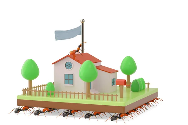 Un groupe de fourmis déplaçant la maison.Illustration 3D . — Photo