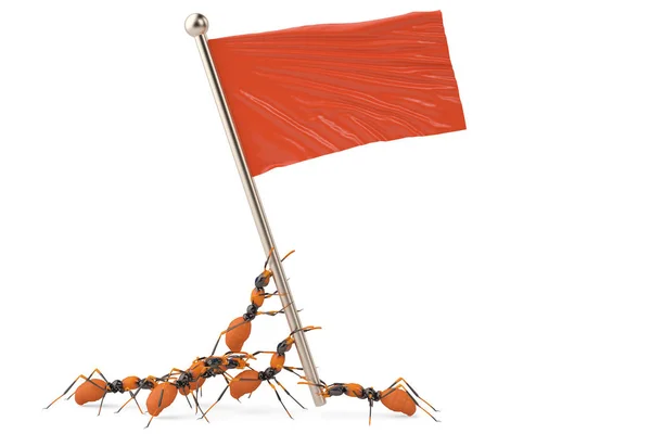 Een groep mieren met rode flag.3d afbeelding. — Stockfoto