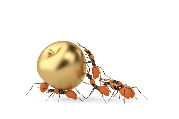 Illustratie uit de mier teamwerk samenwerking en goud-apple.3d. — Stockfoto