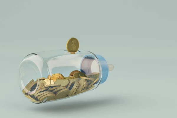 아기 병 은행 및 파란 배경에 금 동전. 3d illustrat — 스톡 사진