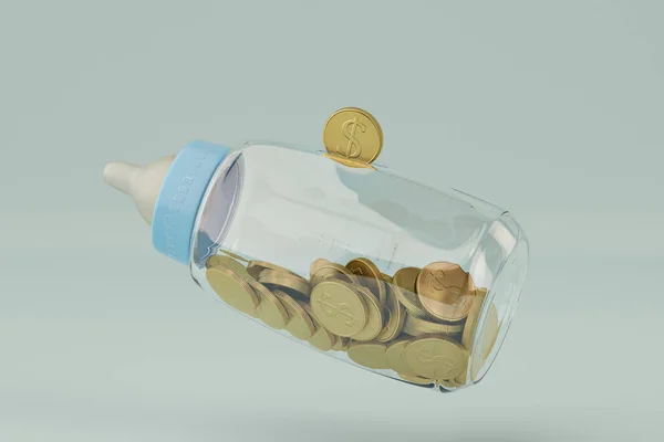 Baby butelki banku i złota moneta na niebieskim tle. krótsze, 3D. — Zdjęcie stockowe
