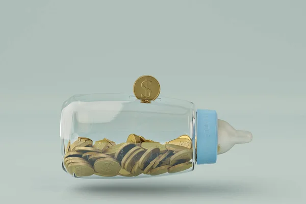 Baby flessen bank en gouden munten op blauwe achtergrond. 3D illustrat — Stockfoto