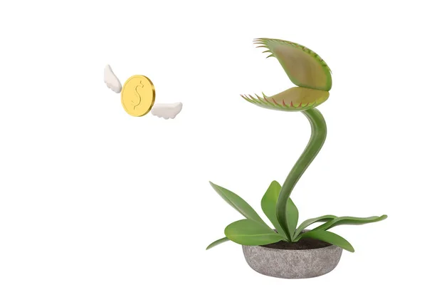 Flytrap met vliegende gouden coins.3d afbeelding. — Stockfoto