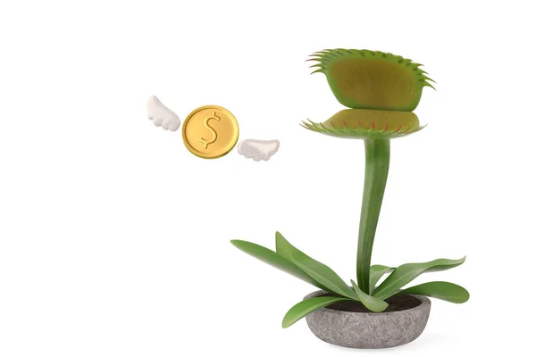 Flytrap met vliegende gouden coins.3d afbeelding. — Stockfoto