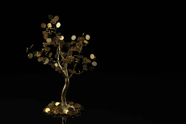 Un árbol de oro sobre fondo negro.Ilustración 3D . — Foto de Stock