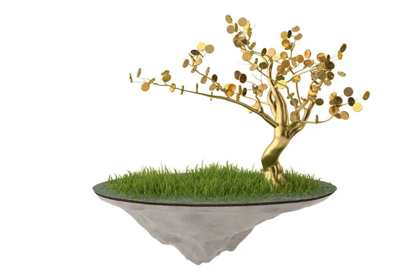 A gold tree on the air island.3D illustration. — Stock Photo, Image