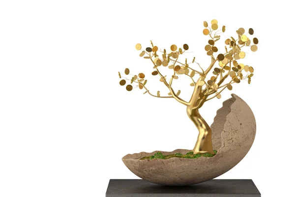 Un arbre doré dans un pot de fleurs en forme d'oeuf.Illustration 3D . — Photo